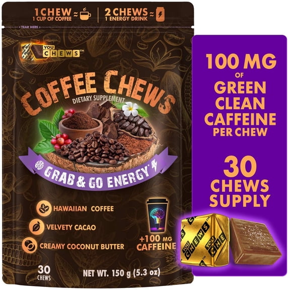 YouChews Hawaiian Kona Coffee Energy Chews, 100mg Caffeine Chews, Vegan & Plant-Based, Daily Energy Boost Chews, 30 Count