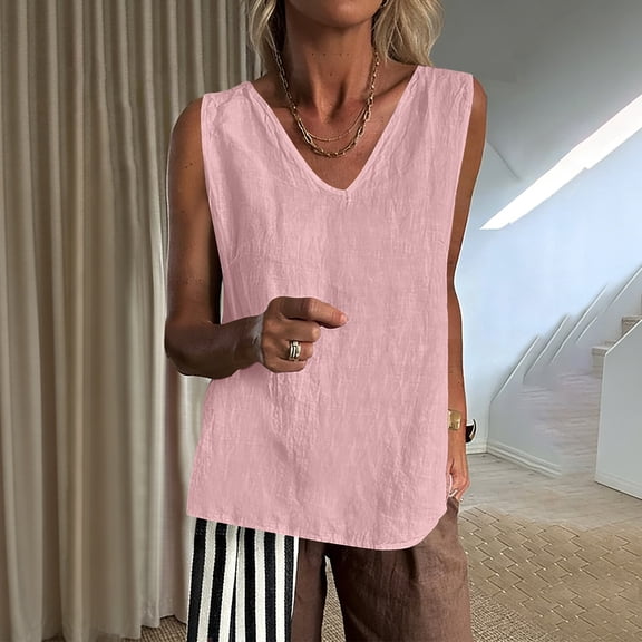 Nestiefly Cotton Linen Tank Tops for Women V Neck Causal Sleeveless Summer Gauze Linen Shirts Plus Size Camisole Summer 2026 Pink M