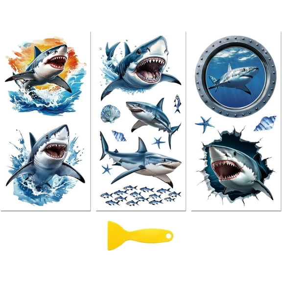 Rub on Transfer Decal Sticker for Furniture Craft Decor 6"x12" Sharks and Waves 3Pcs Waterproof UV DTF Transfer for Drawer Dresser Glass Porcelain Wood Plastic Window