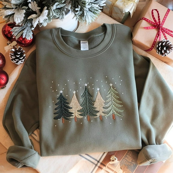 Christmas Tree Embroidered Sweatshirt, Winter Trees Embroidery Shirt, Xmas Season Gifts
