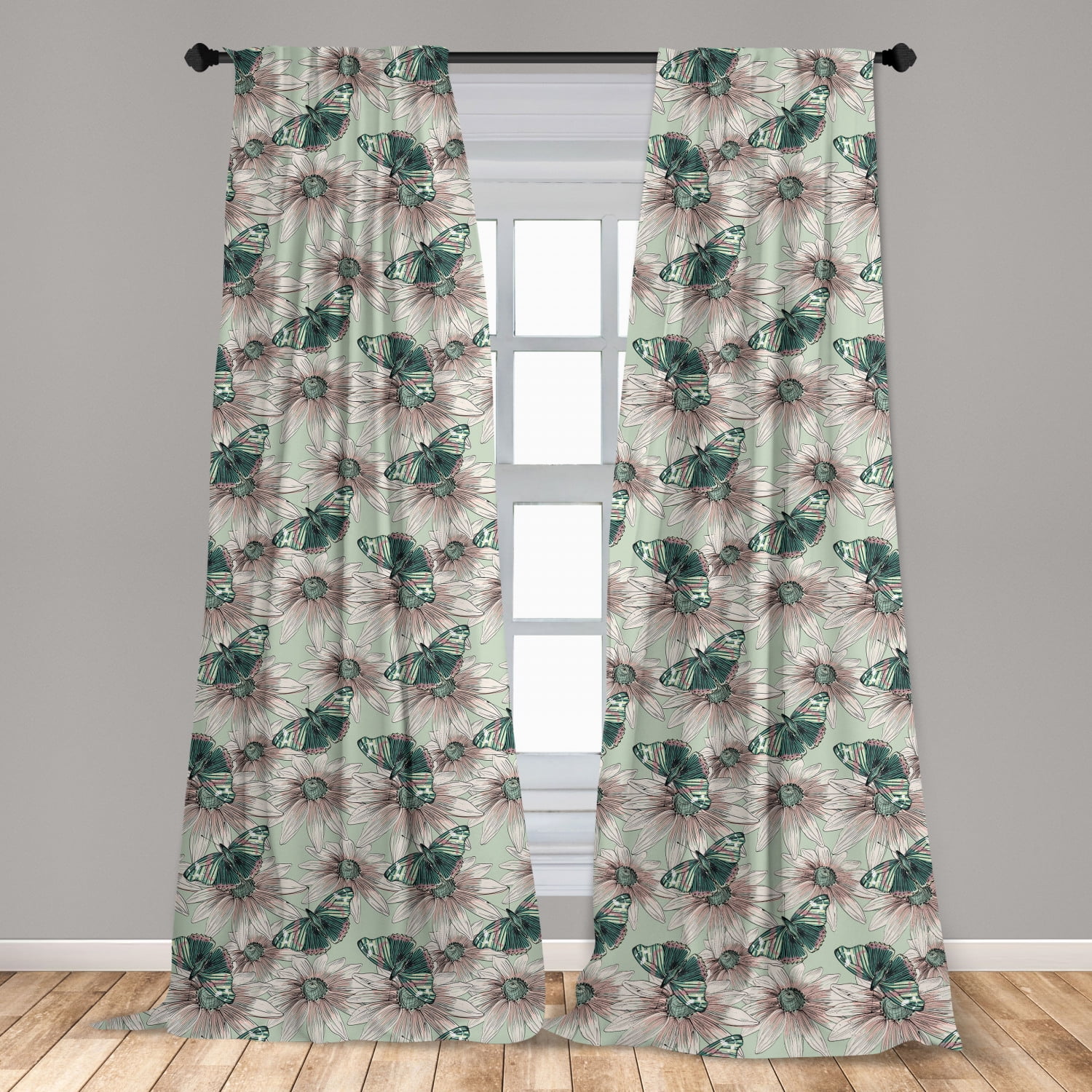 Botanical Curtains 2 Panels Set, Continuous Vintage Pattern with
