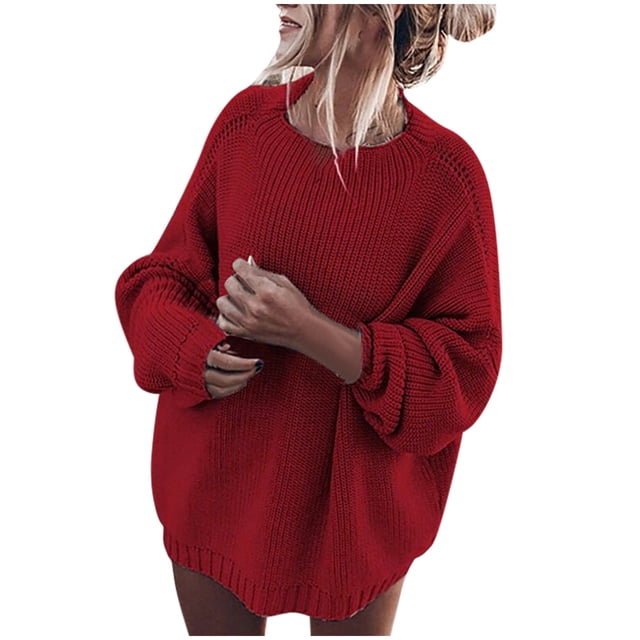 IROINID Pull à Col Rond pour Femmes Couleur Unie Confortable Mi-Long Manches Longues Chauve-Souris Grande Taille
