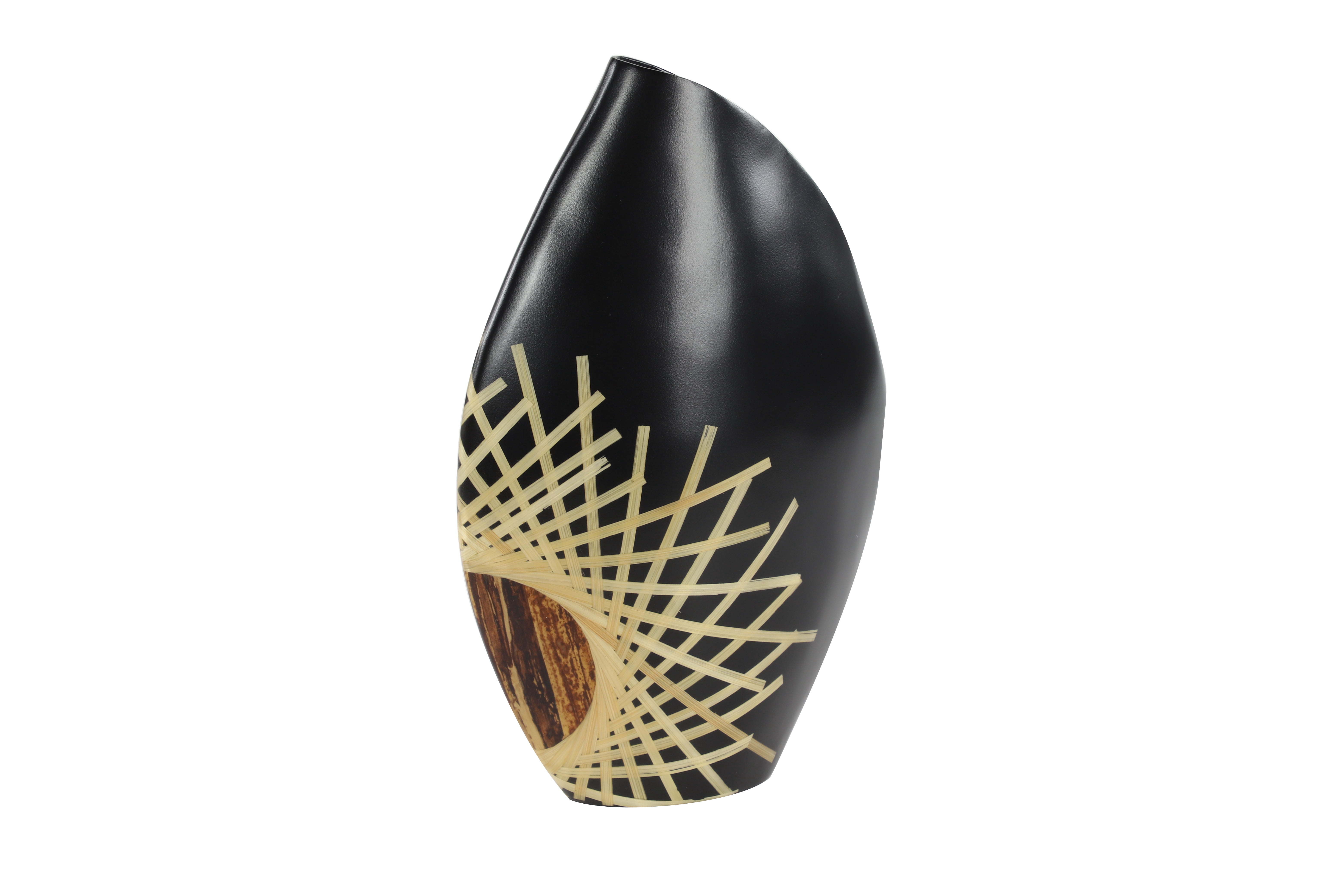 Decmode - Large Black Glazed & Bamboo Inlay Banana Wood Vase w/ Exposed Bark Detail, 11.5” x 18”