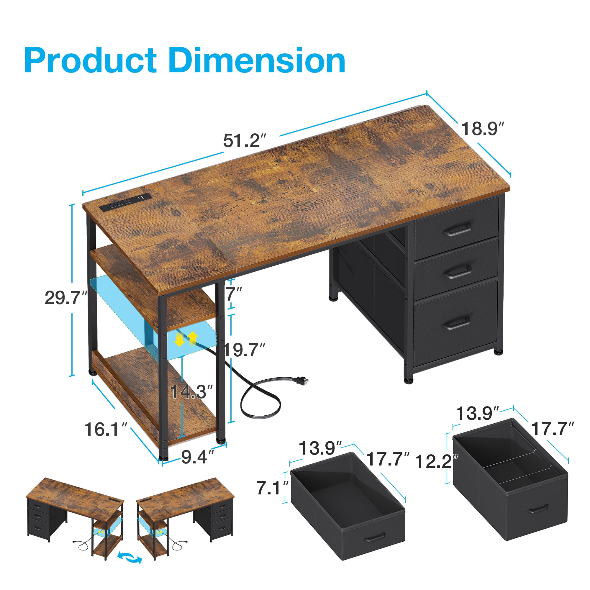 51 Inch Computer Desk with File Drawers & USB Power Outlets- Reversible Home Office Desk with Storage Shelves, Work from Home, Writing Table for Bedroom, Vintage