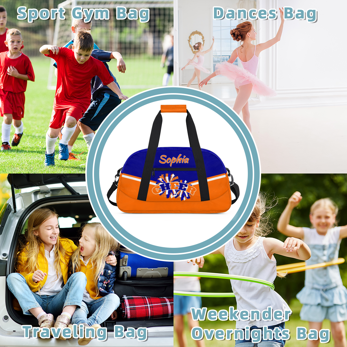 Jiaoprinted Personalized Cheer Bag, Custom Sport Duffel Bag with Name, Customized Cheerleader Dance Bag, Sport Gym Bag Overnight Weekender Bags, Blue Orange