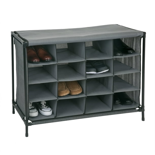 16 Compartment Shoe Cubby Organizer W/Cover, 4 Tiers, in NonWoven Grey