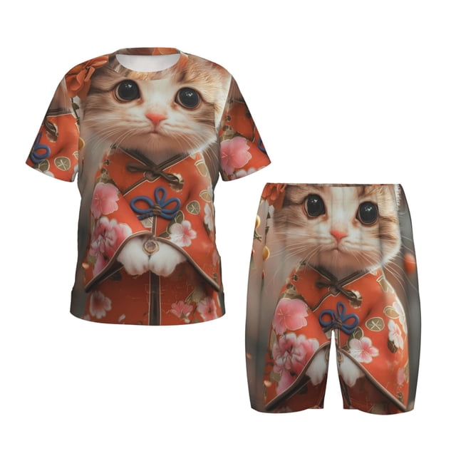Balery Adorable Kitten In Kimono Conjunto de Pijama Infantil de Manga Corta con Estampado – Ropa de Dormir de Algodón Suave-XX-Large