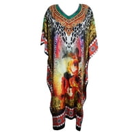 Mogul Women's Colorful Jewel Print Caftan Resort Wear Beach Cover Up Kaftan Dress 3X