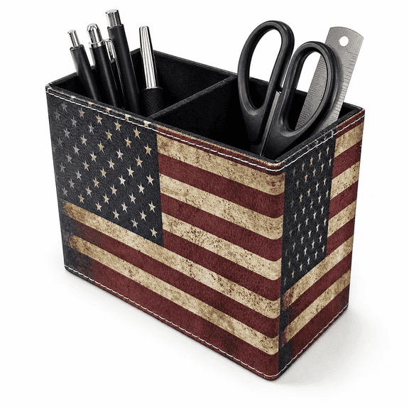 Qiucioku Leather Pen Holder for Desk, Vintage American Flag Organizer, 2-Slot PU Leather Pencil Cup for Office