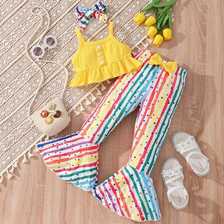 

Leutsin Summer Children Girls Headband + Strip Sleeveless Vest + Rainbow Striped Flared Trousers 3pcs Suit
