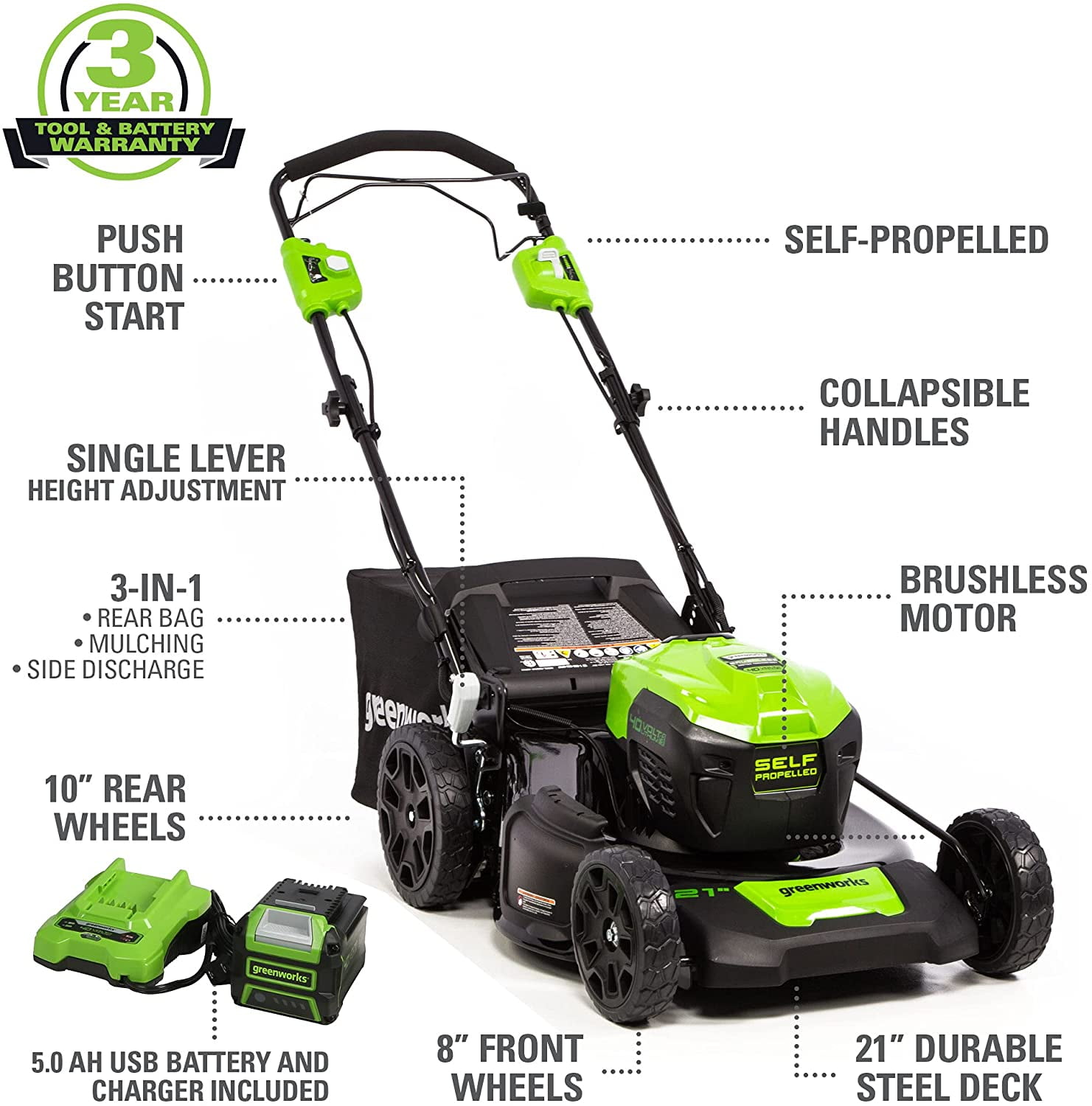 Greenworks 40V 21" Brushless Cordless (Self-Propelled) Lawn Mower, 5.0Ah Battery and Charger Included