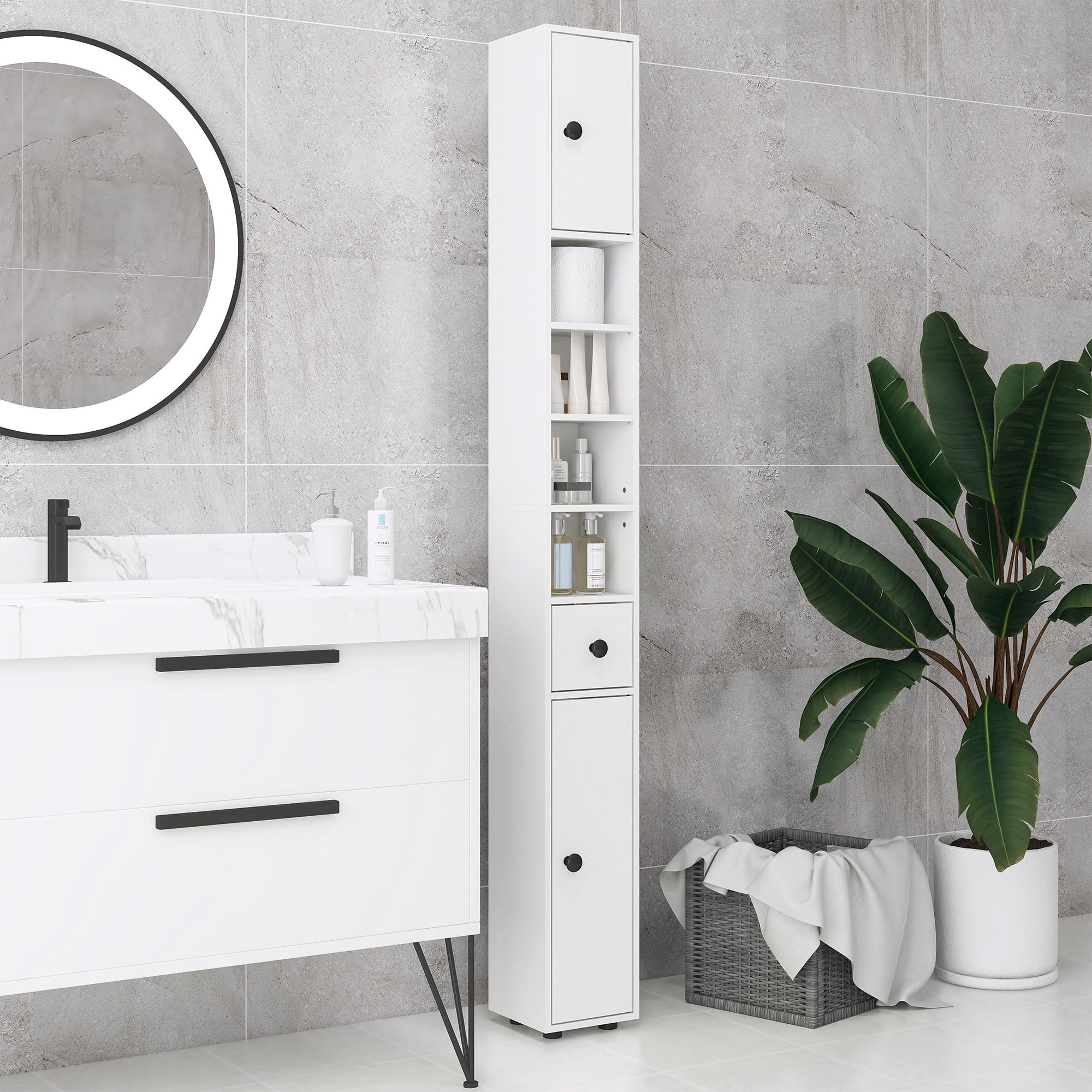 Tall Bathroom Storage Cabinet with Open Shelves & Cabinets, Adjustable Shelves, Anti-Tipping Design, Particle Board Organizer for Bathroom