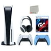 Sony Playstation 5 Disc (PS5 Disc) with Extra Blue Controller, Gran Turismo 7 Launch Edition and White PULSE 3D Headset Bundle with Cleaning Cloth