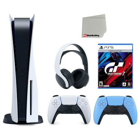 Sony Playstation 5 Disc (PS5 Disc) with Extra Blue Controller, Gran Turismo 7 Launch Edition and White PULSE 3D Headset Bundle with Cleaning Cloth