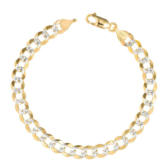 Nuragold 10k Real Yellow Gold Solid Cuban Curb Link 7mm Diamond Cut Pave Chain Bracelet (8"-9") Two Tone Italian Jewelry for Men