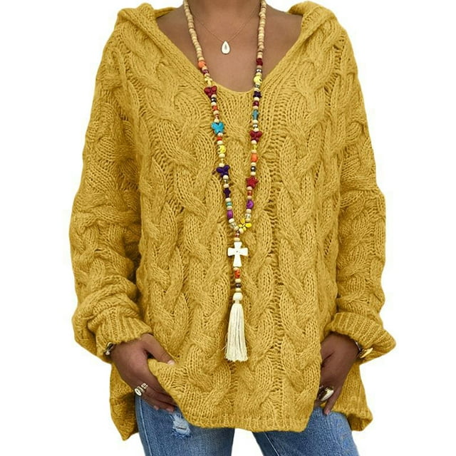 Fashnice Ladies Pullover Long Sleeve Jumper Tops Solid Color Sweater Loose Chic Knitted Sweaters Dark Yellow 3XL