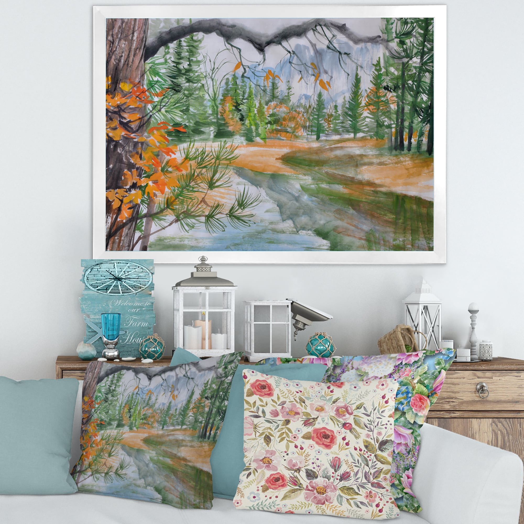 Designart 'Trees With River In Autumn Forest' Lake House Framed Art Print