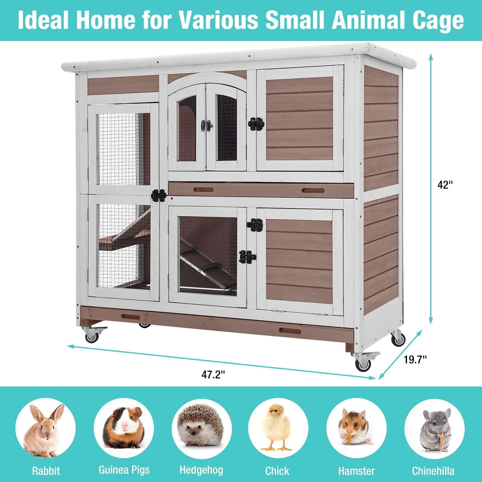 MEDEHOO 47" Two Story Rabbit Hutch with Wheels, Indoor Outdoor Bunny Cage Guinea Pig Cage, 2 Deep No Leak Trays Included, Brown