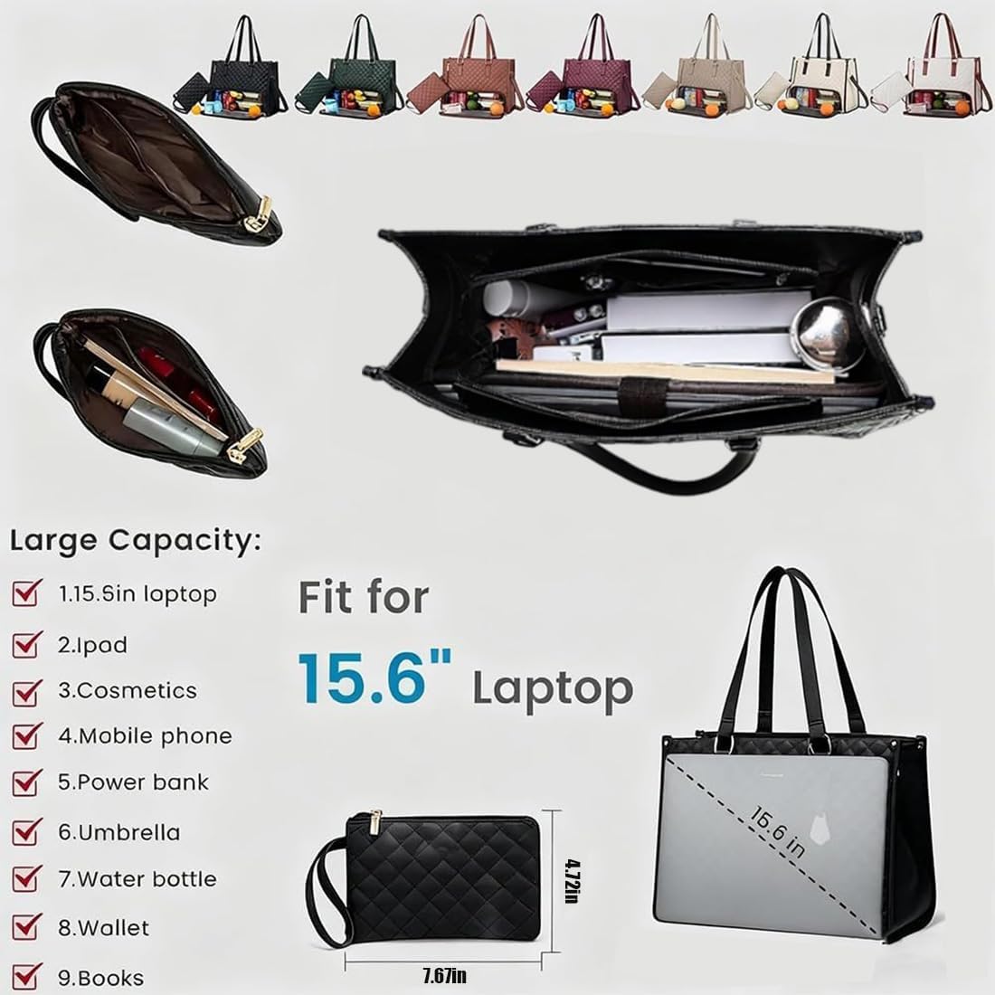Packuumbagsco 3 In 1 Tote Bag,15.6In Office/Travel/Casual Quilted Tote Laptop Lunch Bag for Women with Compartment