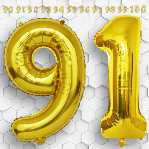 Gold Number 91 Mylar Foil Balloon 32" - Helium or Air Inflatable Metallic Balloons for 91st Happy Birthday Party, Anniversary, Graduation Decorations