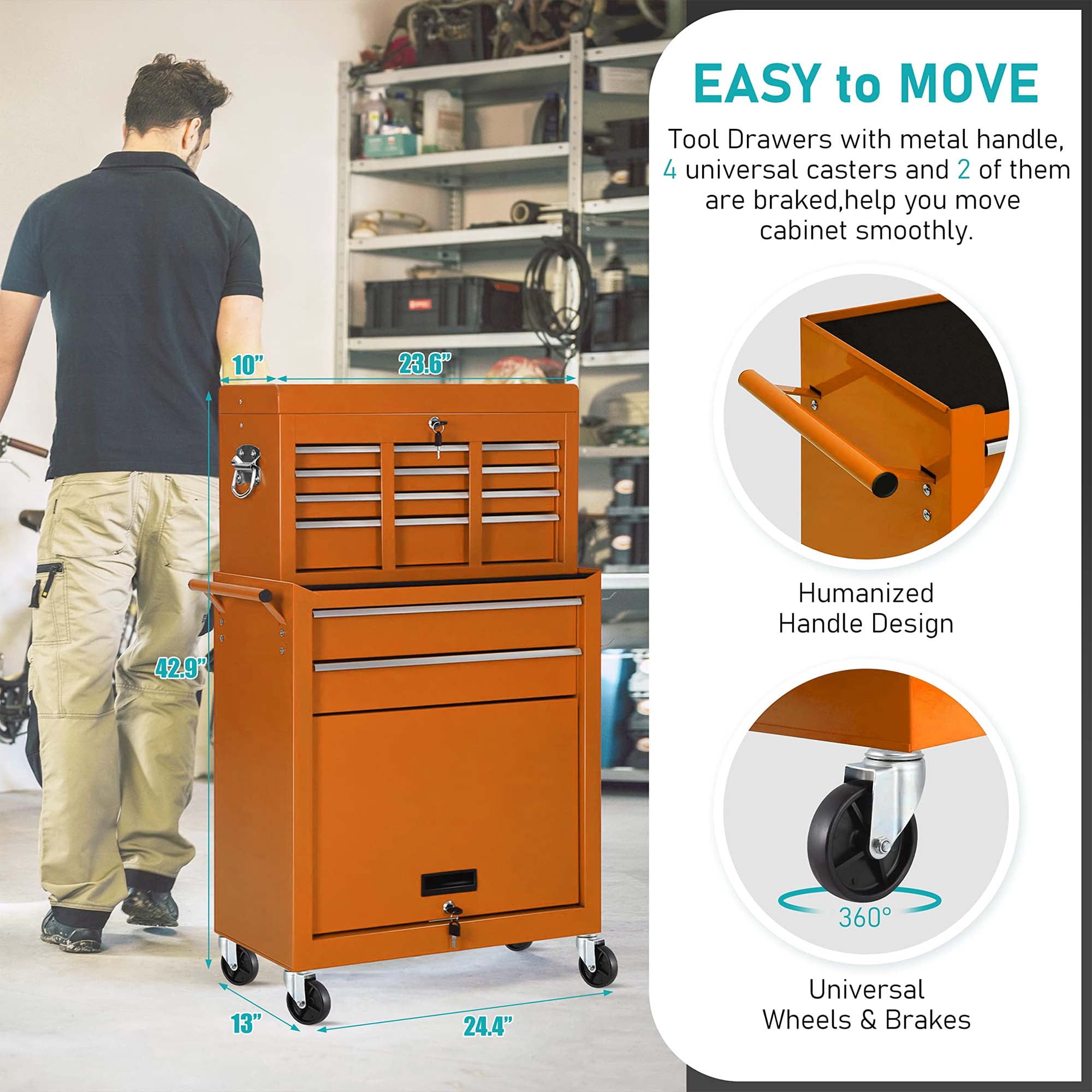 Aukfa Tool Chest, 2 in 1 Steel Rolling Tool Box & Cabinet On Wheels for Garage, 8-Drawer, Orange