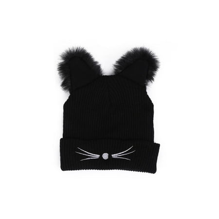 Cute Women Girl Warm Winter Fur Pom Pom Cat Bear Ear Knit Hat Stretch Beanie Cap