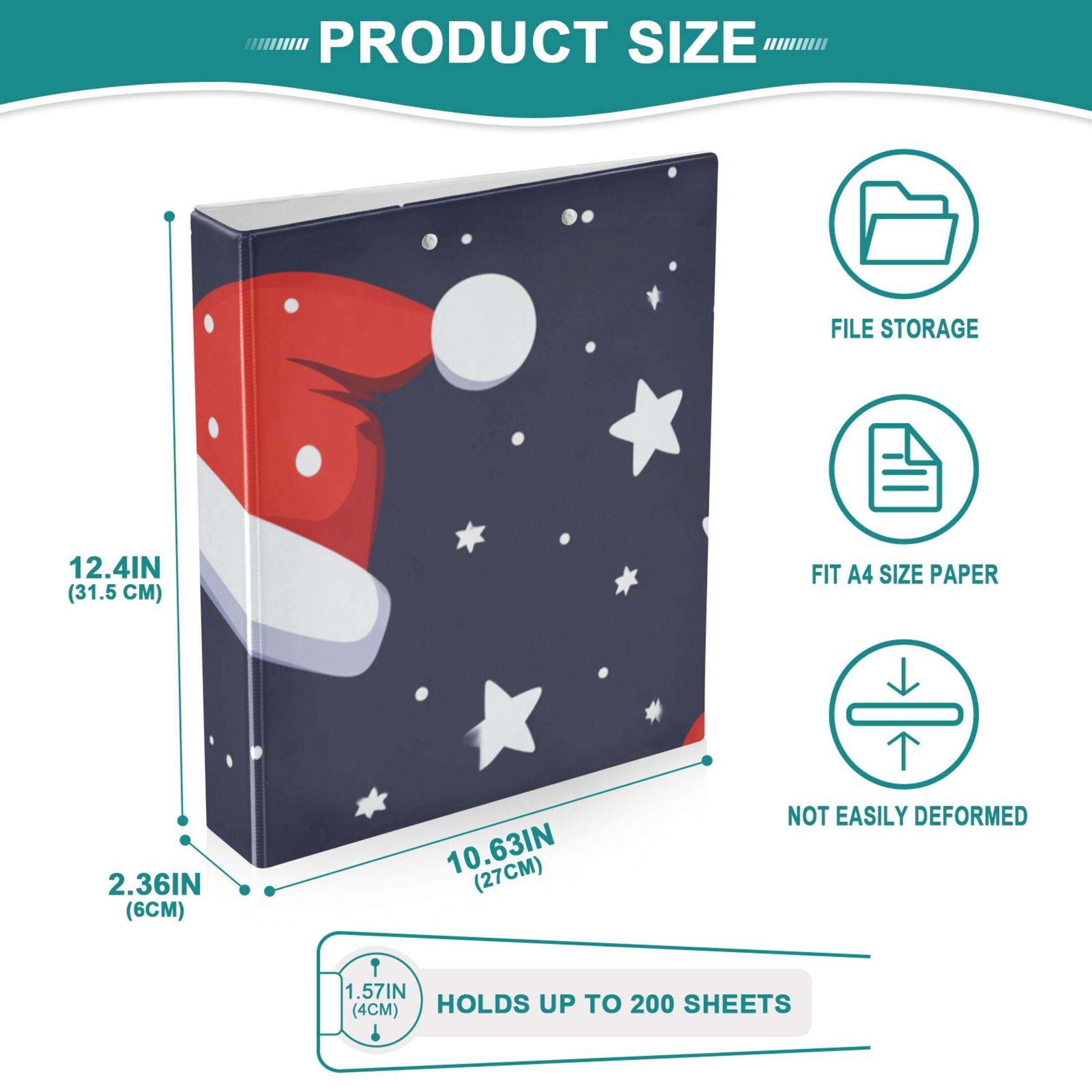 Christmas Santa Hats Stars 3 Ring Binders 1.5 inch Hardcover File Folders with Interior Pockets A4 Size Organizer for School Office Hospital