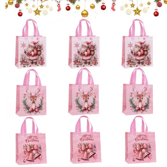 KOYPTL 9 Pcs Christmas Gift Bags with Handles Pink Non-Woven Christmas Treat Bags Reusable Holiday Tote Bag for Gifts Wrapping Xmas Party Favors Supplies,Gift Packaging Bag( 3 Designs 9"x8.7"x4.3")