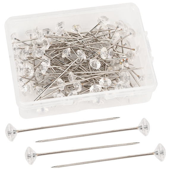1 Box 100Pcs Corsage Boutonniere Pins Clear Head Pins Silver Metal Iron Clear Acrylic Diamond Heads Wedding Bridal Bouquet Flower Straight