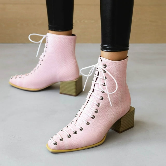 Snake Print Color-blocking Cross-lace Thick-heel Square-toe Women's Short Boots