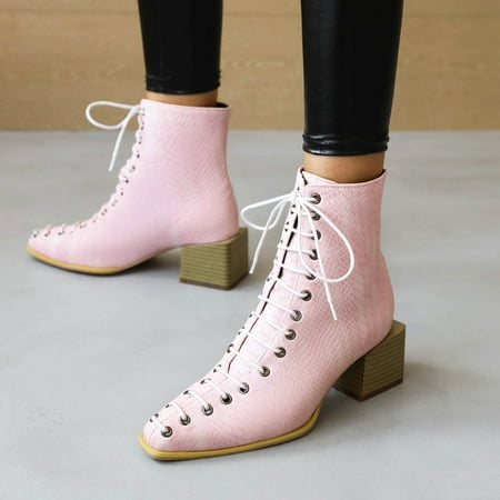 

FITORON Womens Mid Calf Boots- Snake Printed Color-blocking Cross-lace Thick-heel Square-toe Short Boots Pink 39