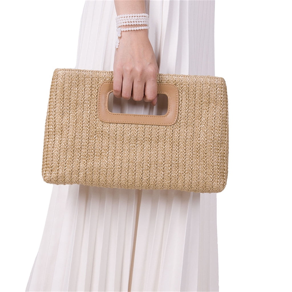 FENOHREFE Straw Clutch Handbag Summer Beach Straw Purse for Women Woven Beach Bag Straw Shoulder Crossbody Bag Evening Handbag