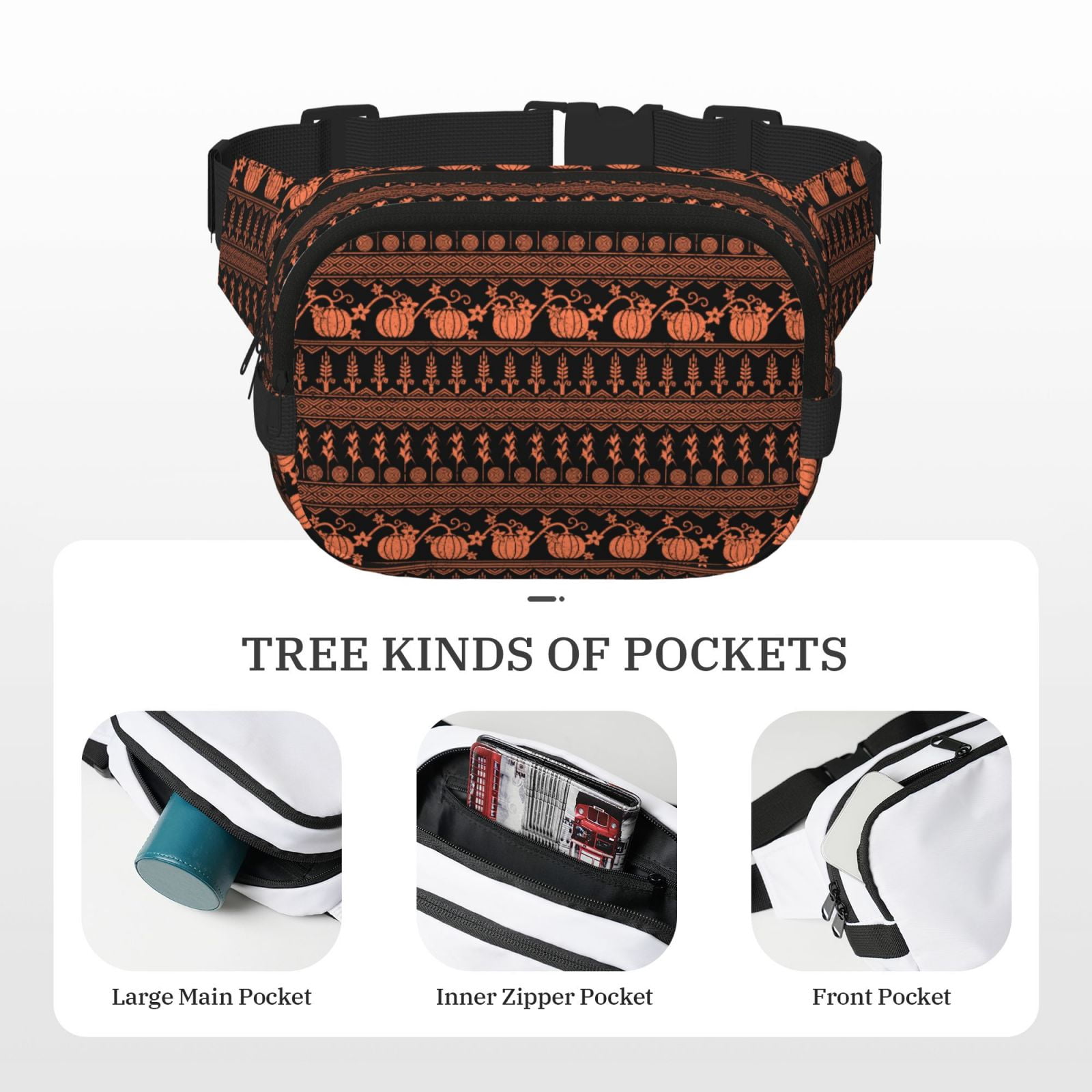 Picia Vintage Pumpkin Pattern Print Square Double-Layer Waist Bag Mini Adjustable Waist Belt Bag Exercise Running Travel Hiking