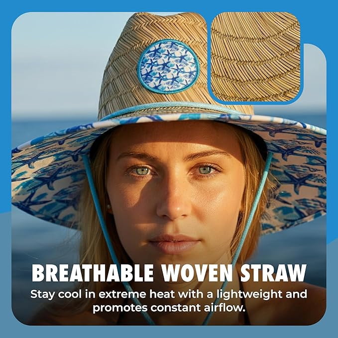 Grinderpunch Lifeguard Hat Mens Straw Sun Hat for Beach, Outdoor, and Travel | UPF 50+ Sun Protection | Wide Brim Straw Beach Hat | Classic Sun Hat for Men and Women (Blue Nautical)