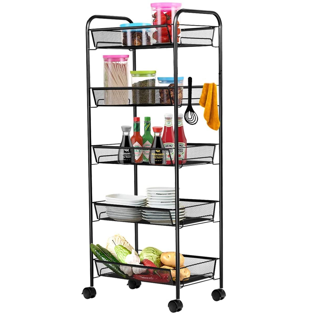 5-Tier Mesh Wire Rolling Cart Multifunction Utility Cart Kitchen ...