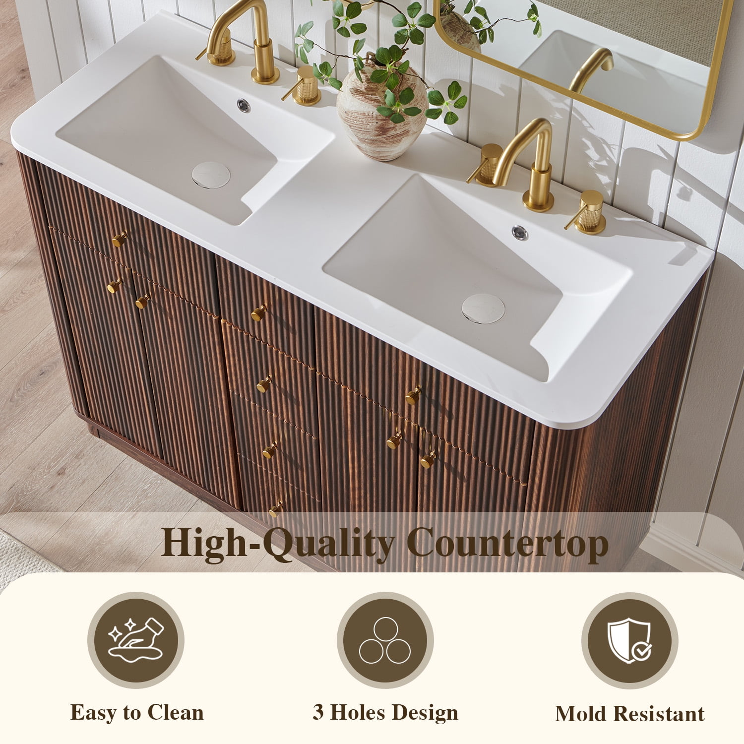 Keywhat 48" Bathroom Vanity with Sink, Modern Fluted Vanity with 2 Drawers & Storage Cabinet, Quick Assembly, Dark Walnut