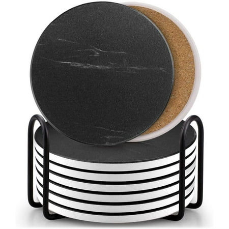 

Set of 8 Coasters for Drinks Marble Style Ceramic Drink Coaster with Holder for Coffee Wooden Table Home Decor(Black)