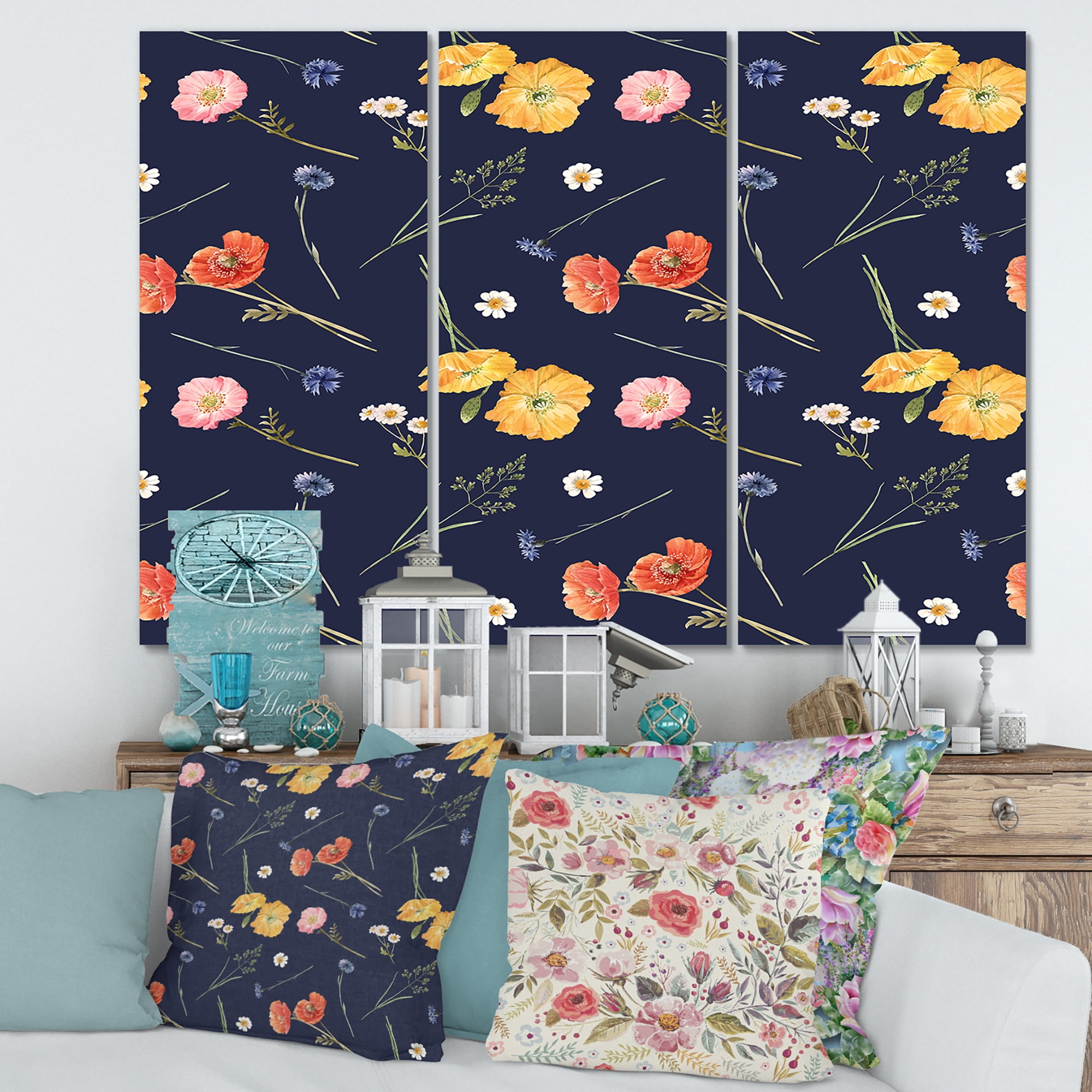Designart ' Yellow and Orange Wild Flowers On Dark Blue ' Traditional Canvas Wall Art Print