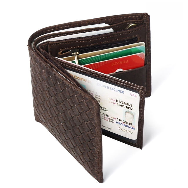 Cartera corta de cuero genuino para hombre, con tecnología RFID, antimagnética, antirrobo, con cepillo, con múltiples ranuras para tarjetas, monedero con patrón tejido de piel de vaca