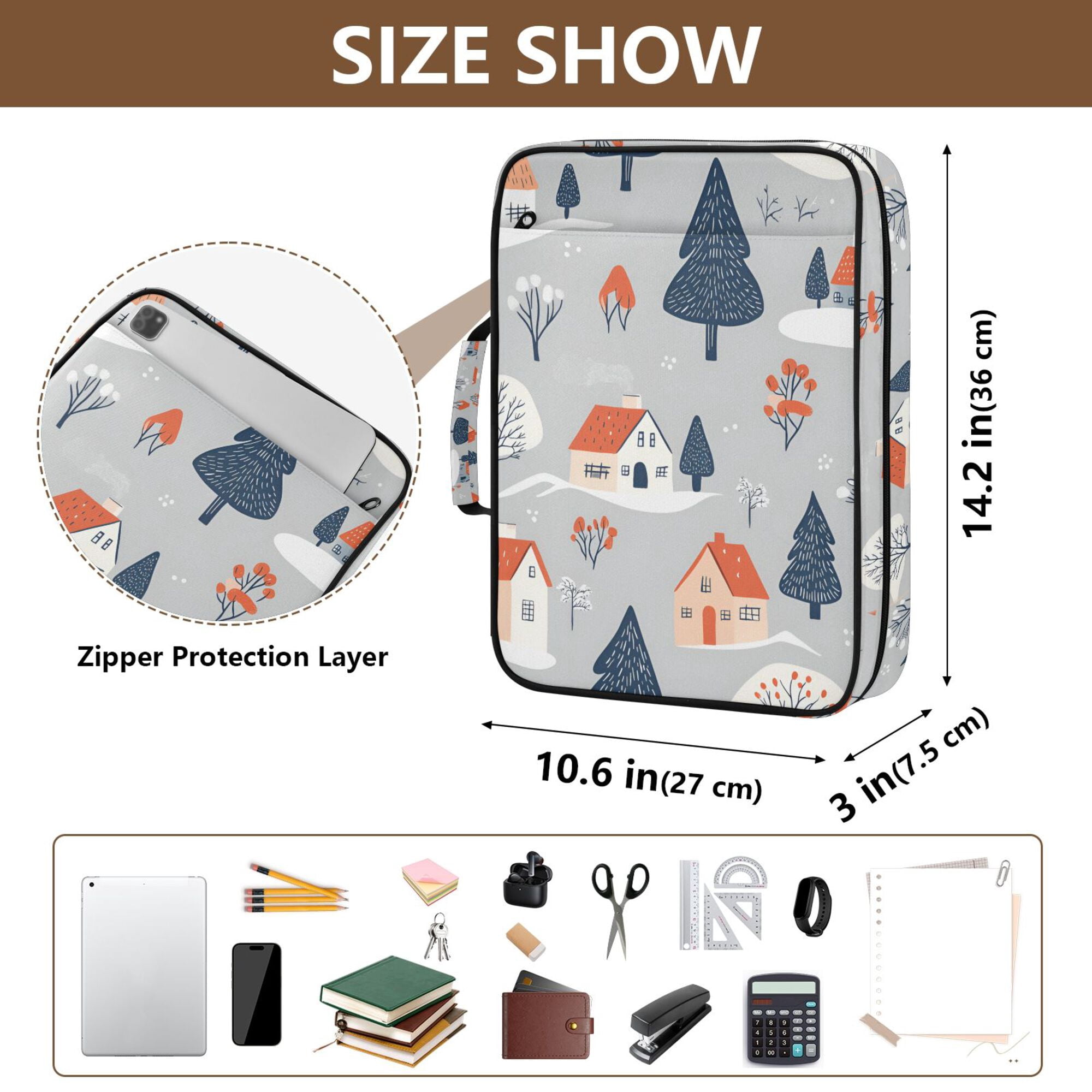 FORMRS Accordion File Folder A4 Size 7-Pocket Expanding Document Organizer Bag with 3 Ring Binder, Gray Cartoon Houses