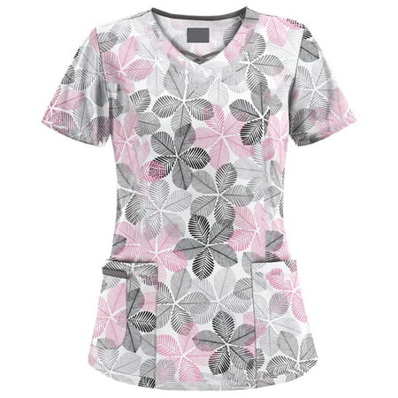 

QAZXD Scrubs Tops Women Nurse Working Uniforms Printed V Neck Short Sleeve Medical Scrub Shirts S