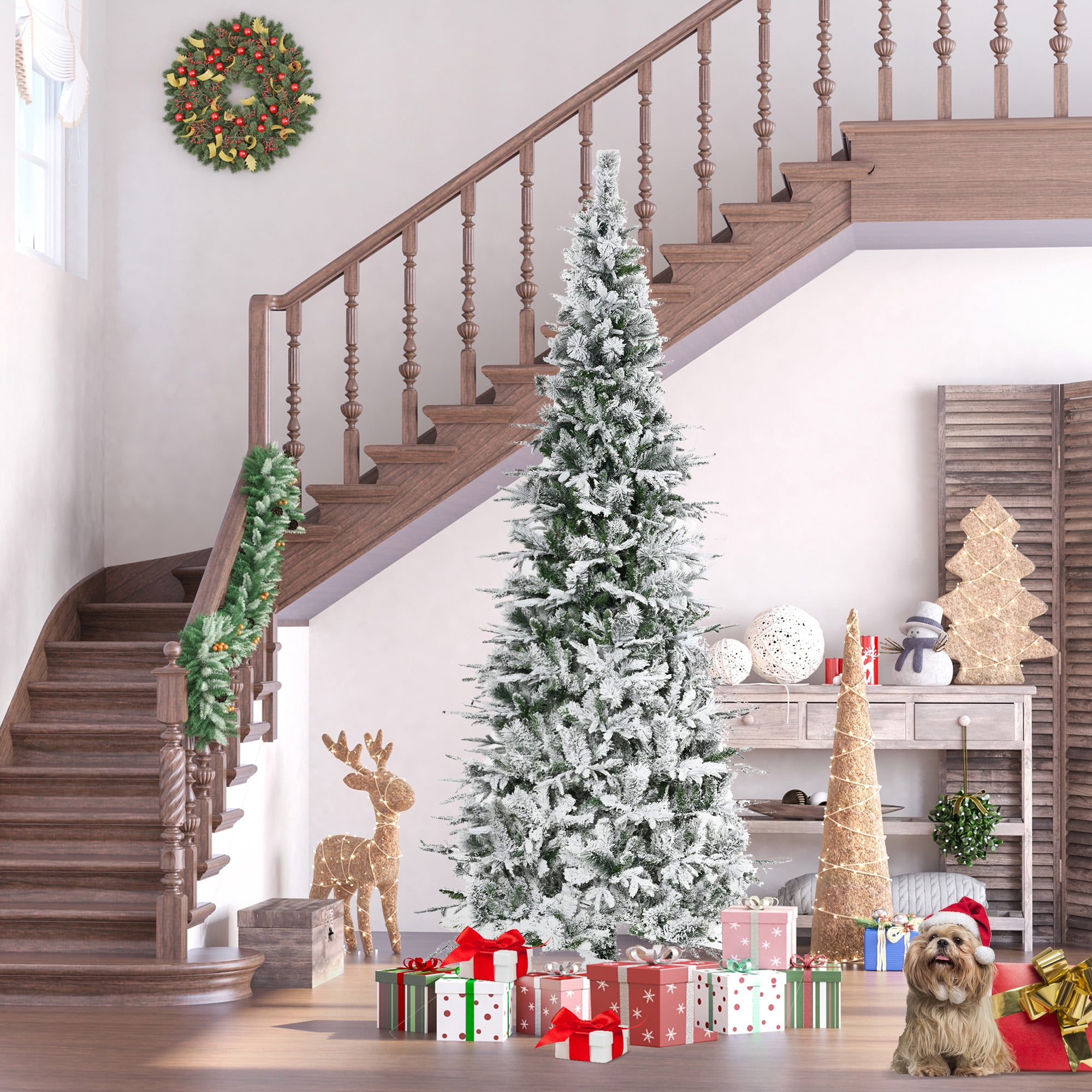 9ft Snow Flocked Christmas Tree 1159 Tips Auto-Open Branches Flame Retardant Indoor Decor