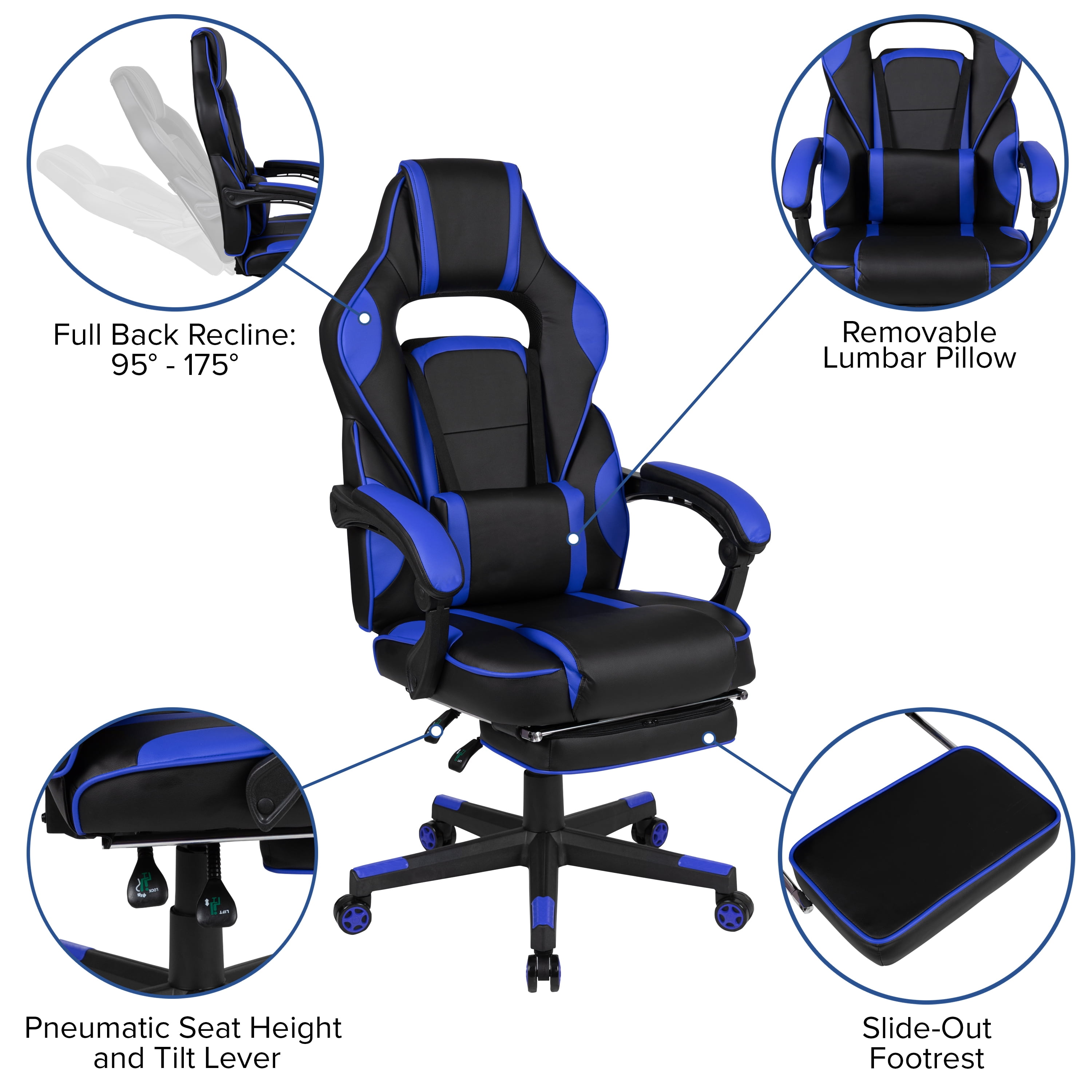 Emma + Oliver Black/Blue Ergonomic Gaming Chair -Recline Back/Arms, Footrest, Massaging Lumbar