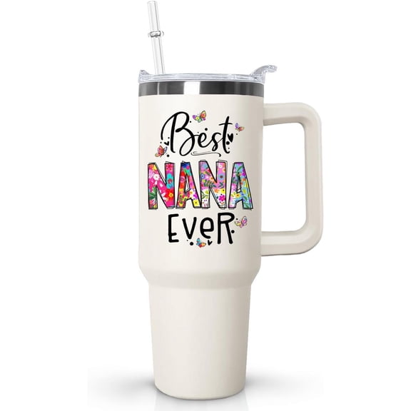 40 oz Nana Tumbler with Handle Lid and Straw Vacuum Insulated Travel Coffee Mug Cup Tumbler,Mothers Day Birthday Gifts for Nana