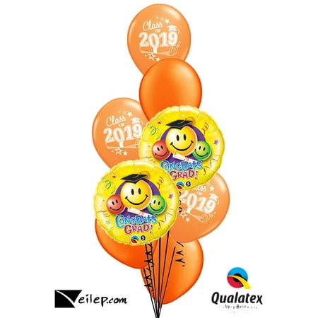 Veil Entertainment Congrats Grad Smiles Class of 2019 Bouquet 8pc Graduation Balloons, Mandrine Orange