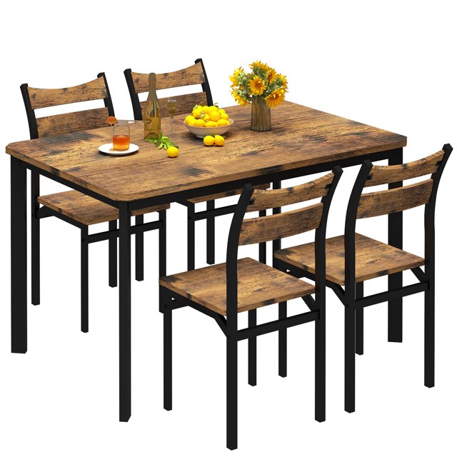 AWQM 5 Piece Dining Table and Chair Set, Modern Kitchen Table Set for 4, Industrial Wooden Dining Table with Backrest Chairs, Rustic Brown