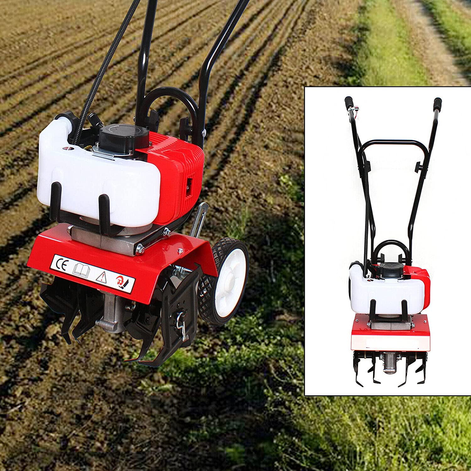 Mini Tiller Cultivator,52cc 2 Stroke Gas Motor Gas Powered Cultivator 4 Premium Steel Adjustable Rotating Tines Easy to Carry Front Tine Tiller Cultivator for Garden Lawn Digging Soil 