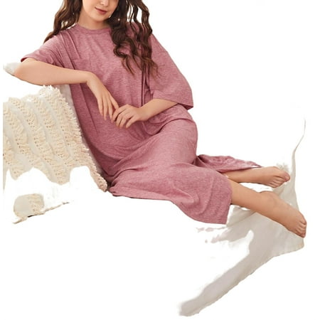 

Casual Plain Round Neck Sleepshirts Dusty Pink 3/4 Sleeve Women Nightgowns & Sleepshirts