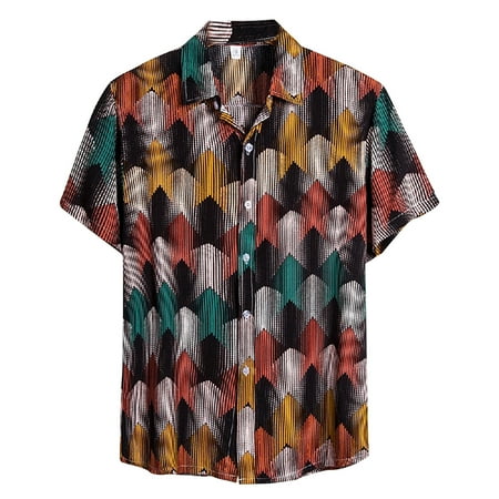 

Ziloco Men Short-Sleeved Printed Color Buttons Fashion Cardigan Casual Shirt Tops scrub jackets for women