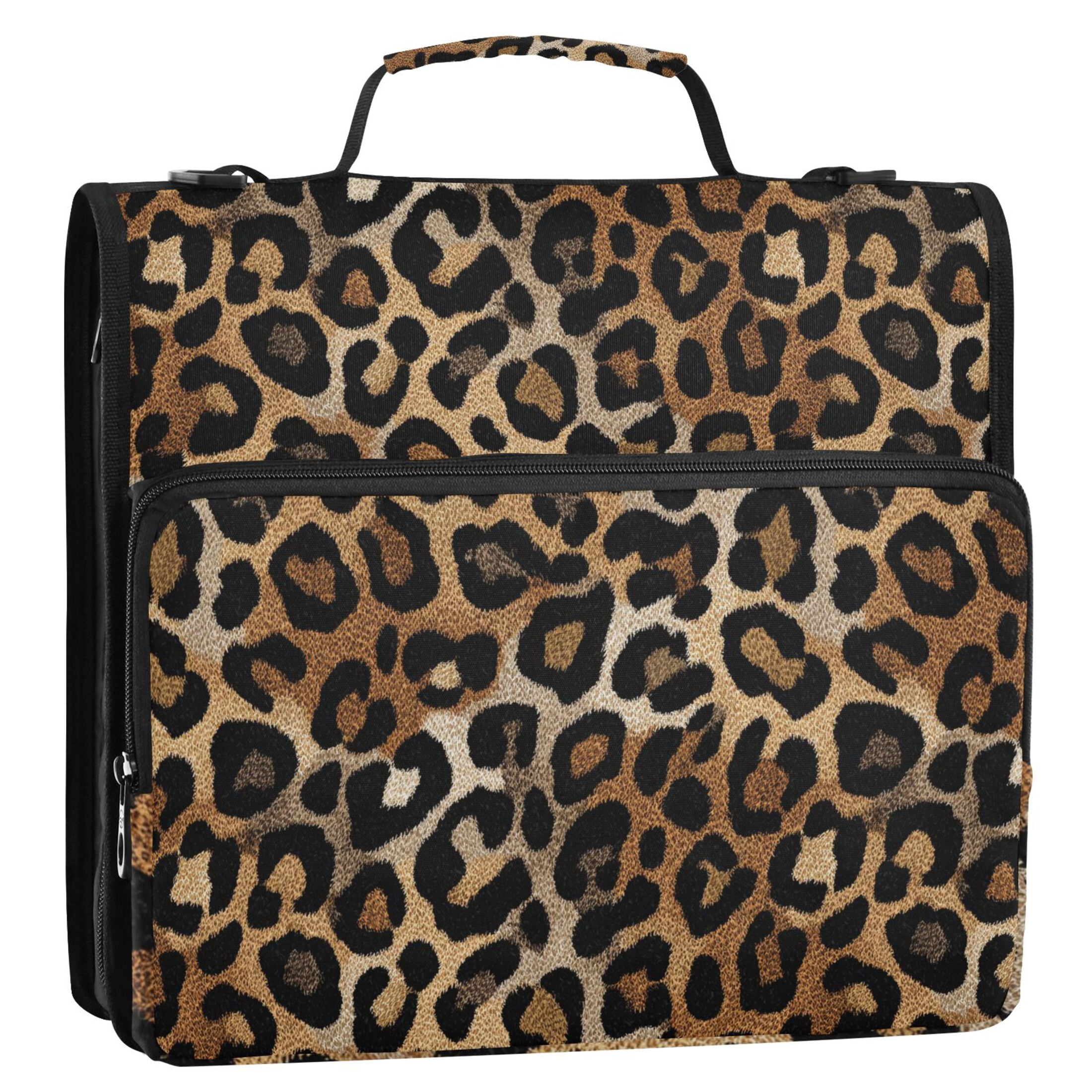 Zipper Binder Leopard Brown and Black 1.5 Inch Binder Folder Bag with Shoulder Strap and Handle